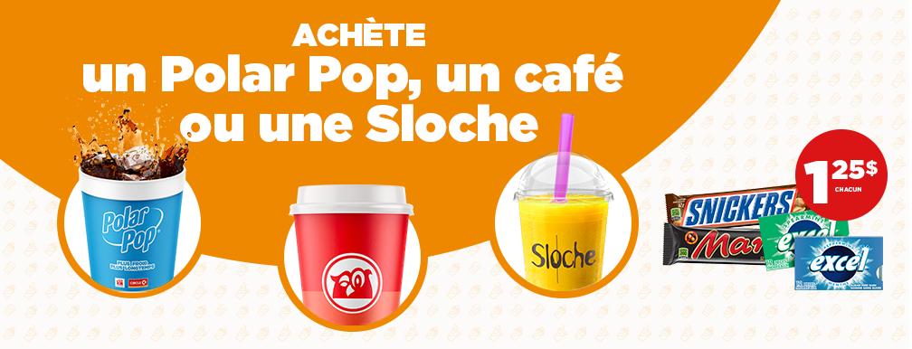 Avec ton breuvage préféré, tu obtiens une barre MARS format régulier et/ou gommes EXCEL 34-57 G, 12 MCX à 1,25$ chaque.