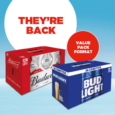 Budweiser et Bud Light case of 36 cans back in store