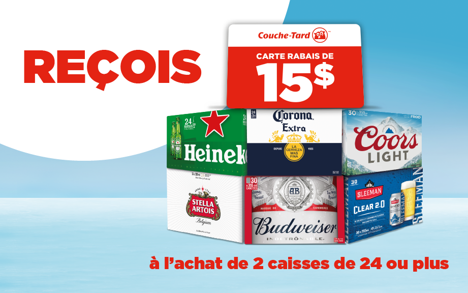 Reçois carte à 15$ avec 2 caisses de 24
